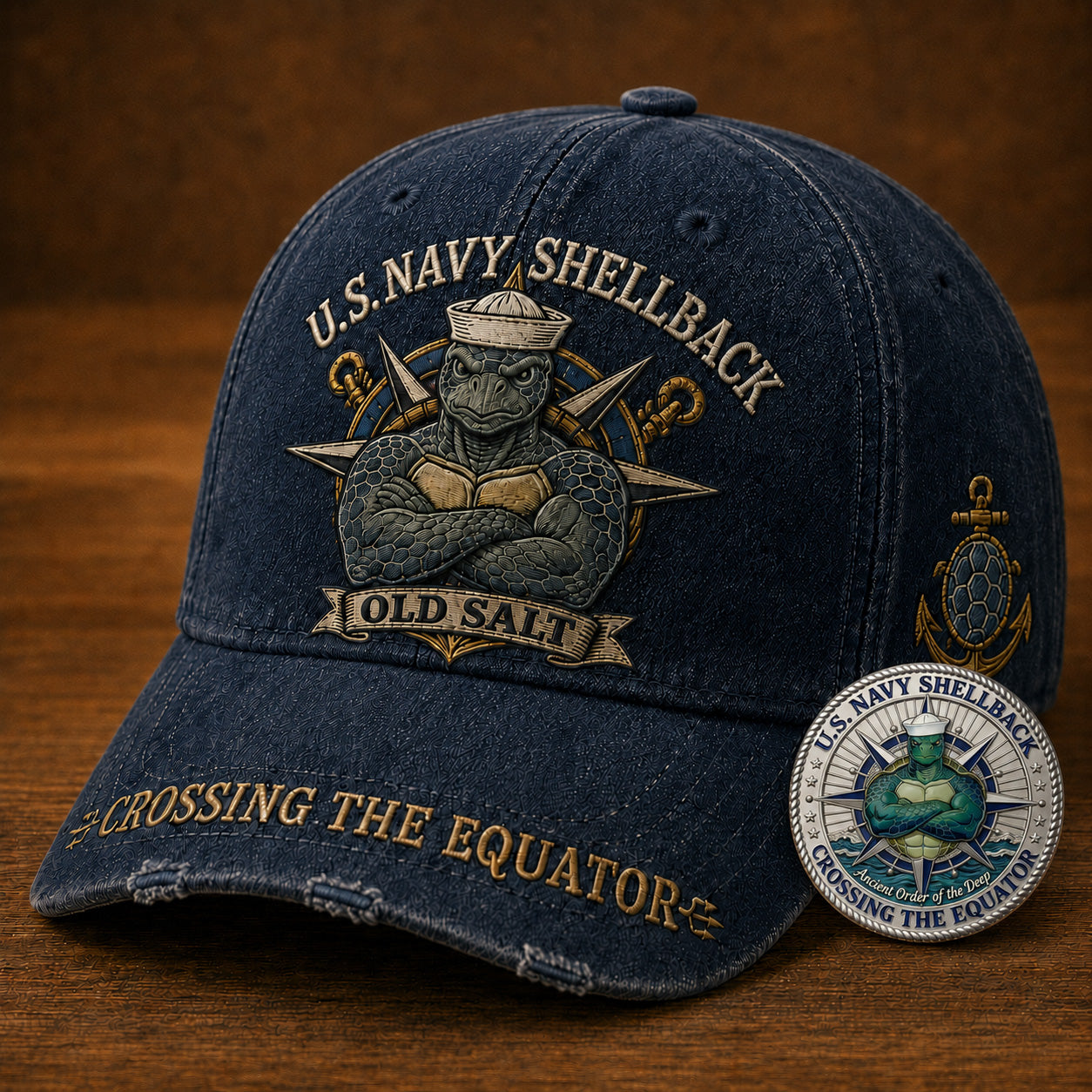 U.S. Navy Shellback Old Salt Cap 🎁 Free Double-Sided Honor Coin With Every Cap Purchase