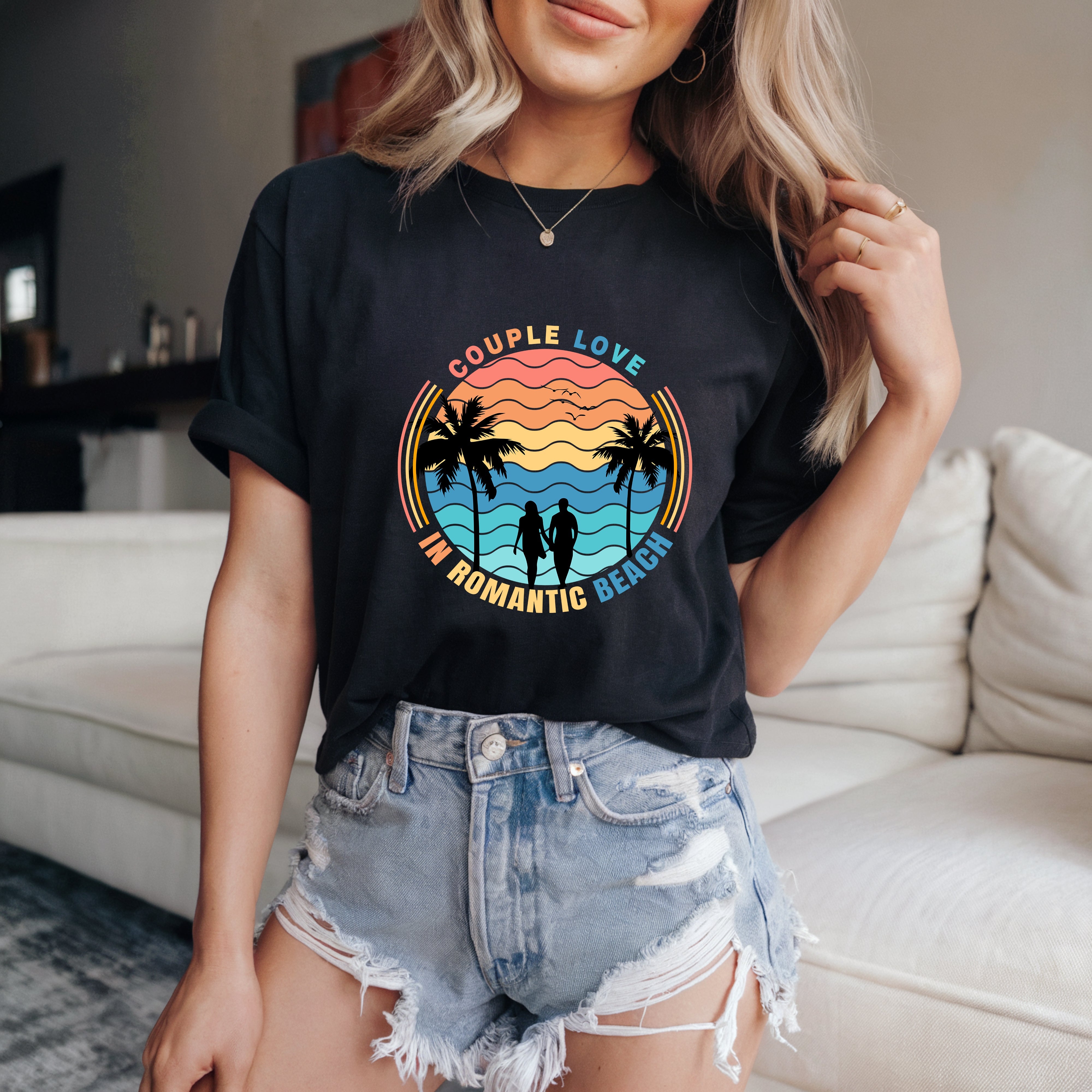 Couple On Vacation Women's Round Neck Slim Short Sleeve