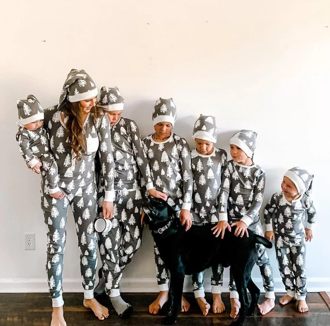 Gray & White Christmas Tree Print Matching Family Christmas Pajamas-Hats Included