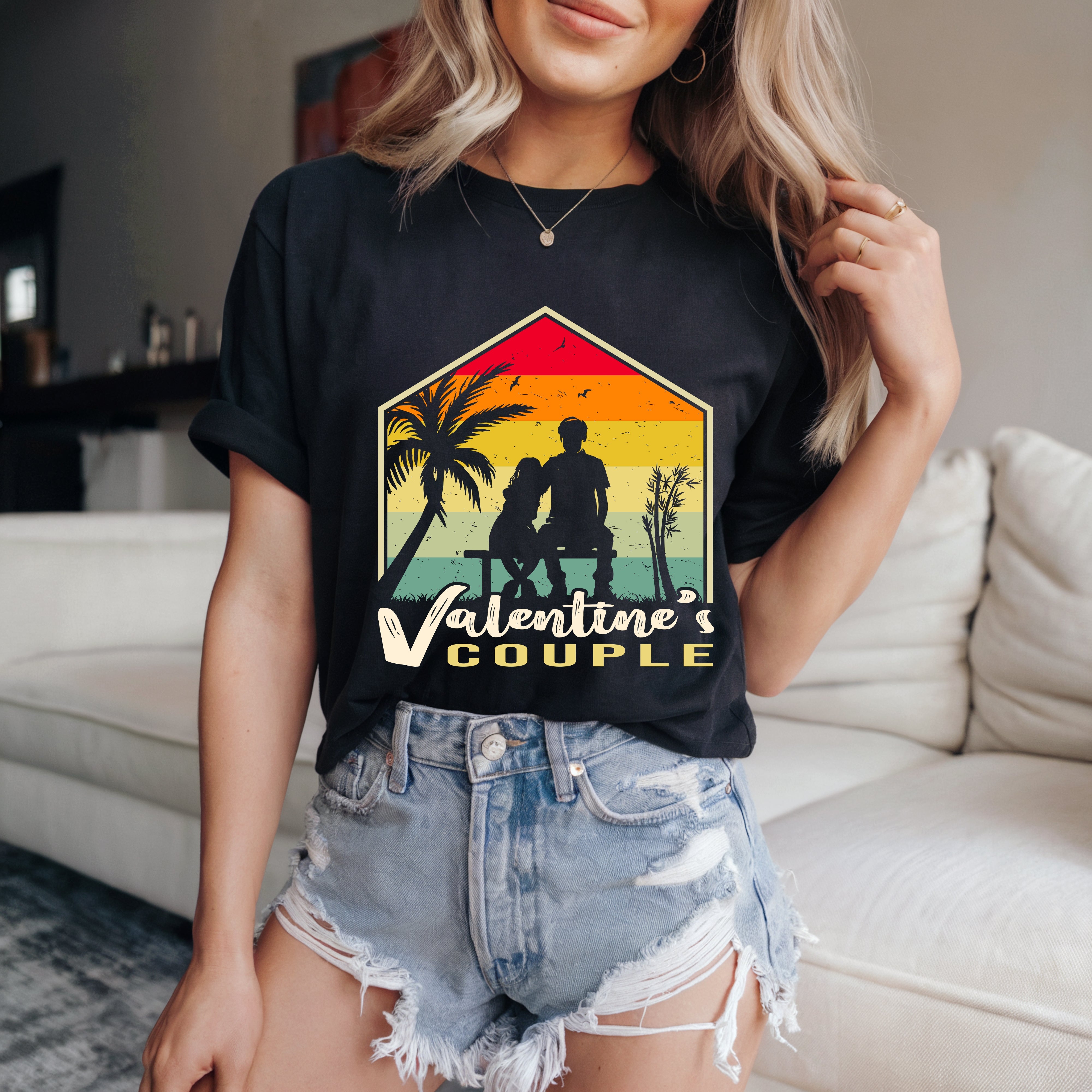 Couple On Vacation Women's Straight Shoulder Printed Short Sleeves