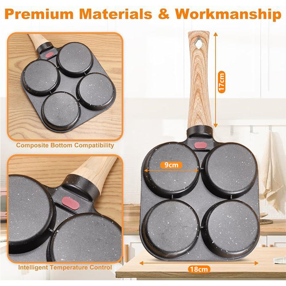 🍳Non-stick Egg Frying Pan, 4 Holes Skillet With Handle, Multifunctional, Wooden Handle Medical Stone Omelet Non-stick Cookware frying pan🍳