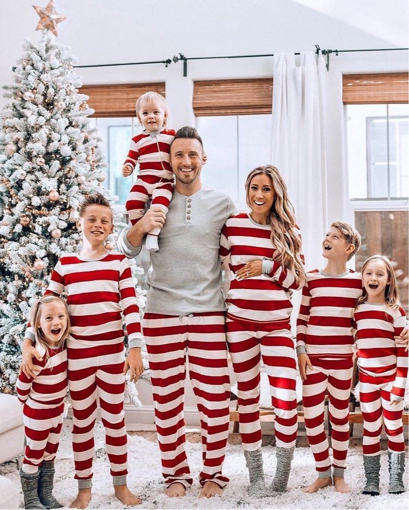 Holiday Red and White Striped Matching Family Christmas Pajamas-Dog Pajamas Included