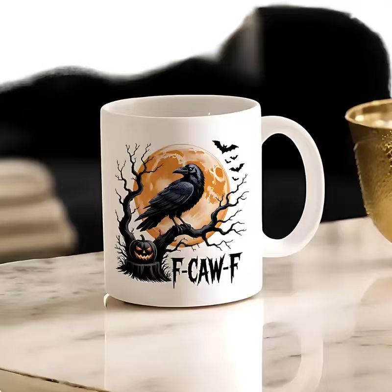 F-Caw-F Funny Crow Mug, Black Crow Moonlit Ravenn Accent Mug, Funny Raven Lover Halloween Gift