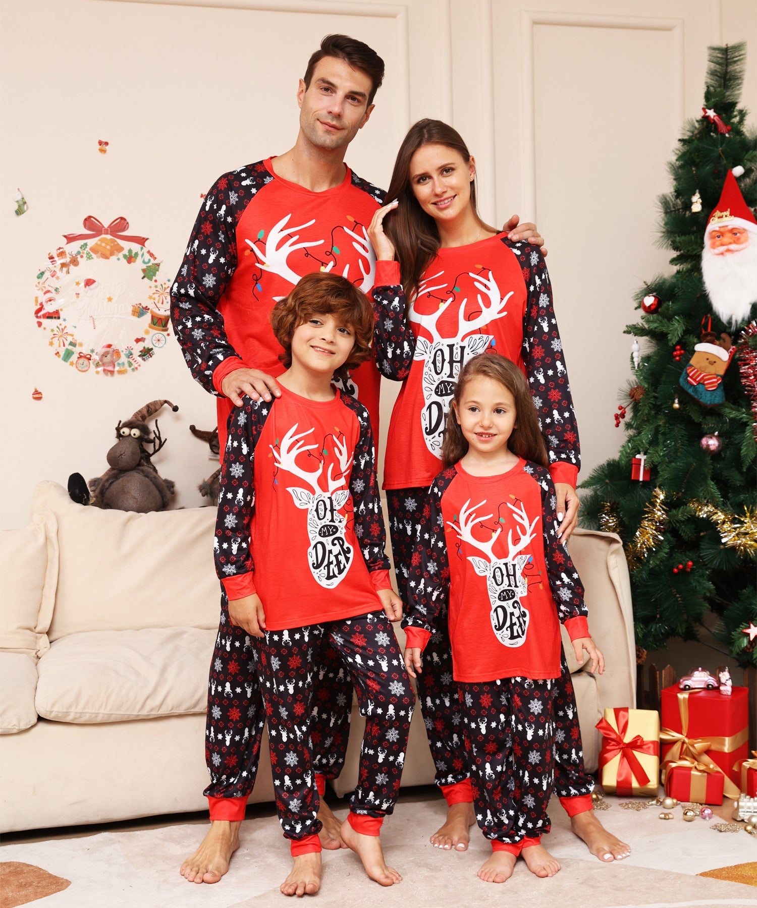 Red Christmas Snow Deer Matching Family Christmas Pajamas (Dog Pajamas Included)