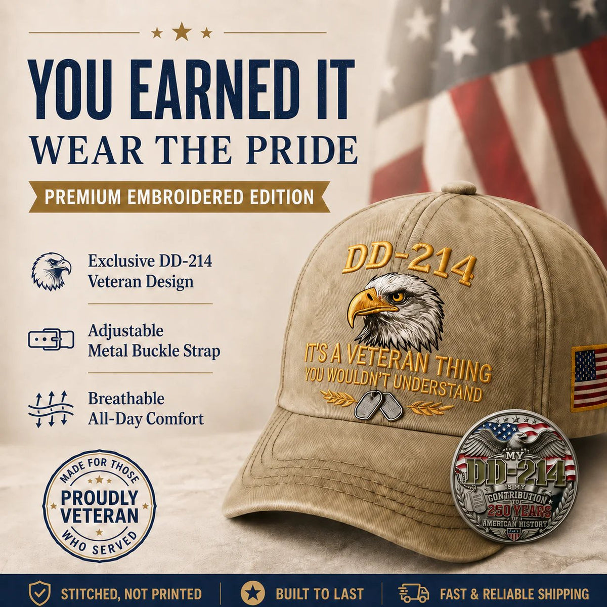 DD-214 Veteran 3D Embroidered Cap - “IT'S A VETERAN THING YOU WOULDN'T UNDERSTAND”🎁 Free Honor Coin With Every Cap Purchase