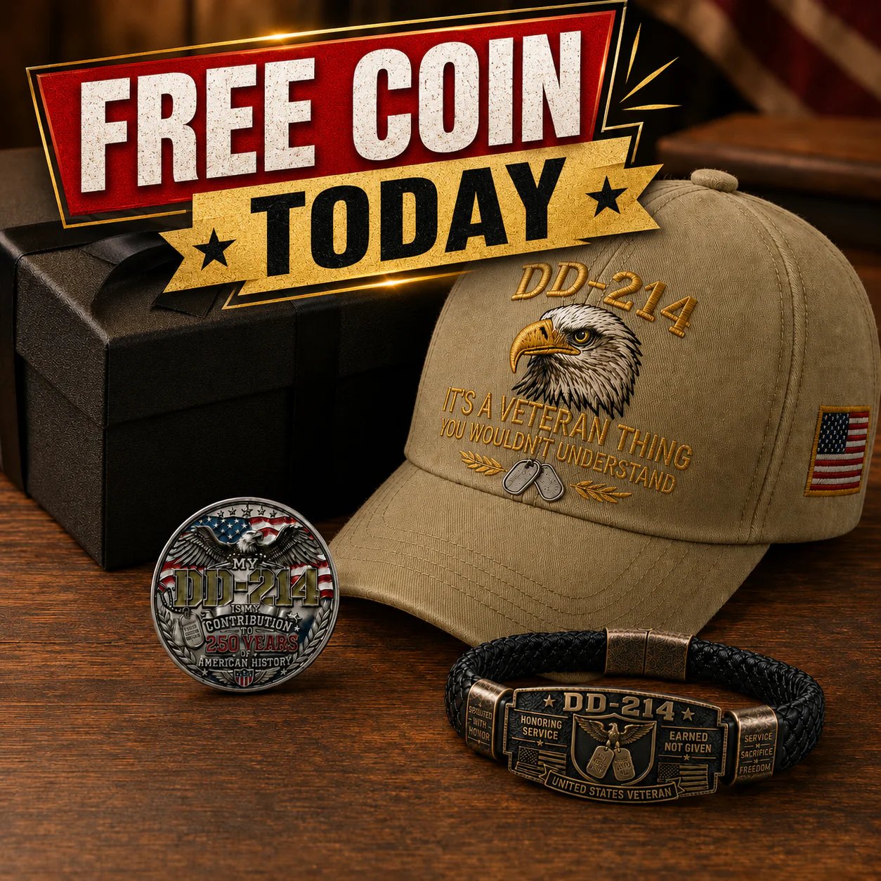 🔥Today Only: FREE Collector Coin🔥| DD-214 Veteran Honor 3-Piece Gift Set – Embroidered Cap, Coin & Bracelet