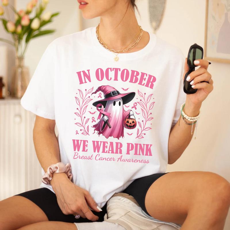 In October We Wear Pink Ghost Shirt, Halloween in October We Wear Pink, Breast Cancer Awareness Shirt