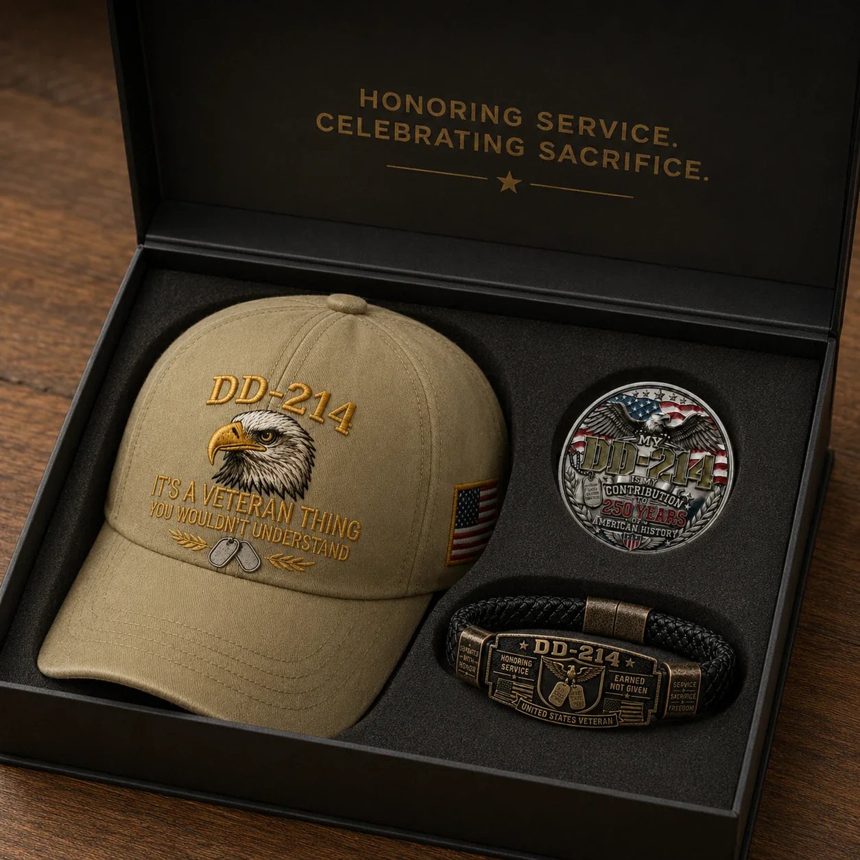🔥Today Only: FREE Collector Coin🔥| DD-214 Veteran Honor 3-Piece Gift Set – Embroidered Cap, Coin & Bracelet