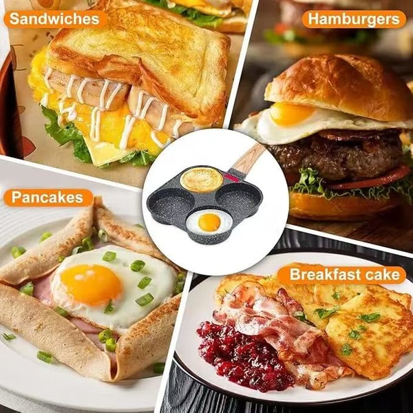 🍳Non-stick Egg Frying Pan, 4 Holes Skillet With Handle, Multifunctional, Wooden Handle Medical Stone Omelet Non-stick Cookware frying pan🍳